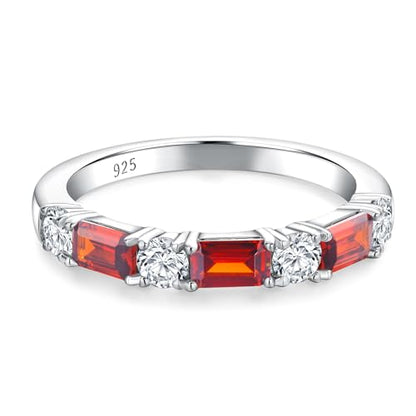 3.5mm Half Eternity Band Sterling Silver Rings for Women Sapphire/Ruby/Emerald and Cz Wedding Bands 7 Stone Stackable Birthstone Ring Anniversary Jewelry Size 6-10 - color: 01-Garnet-Jan.