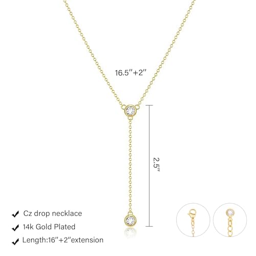 LULII Gold Necklace for Women Trendy Lariat Y Necklace Dainty 14k Gold Plated/Silver Long Necklaces for Women Layered Beaded Drop Necklaces Simple Y-Shaped Chain Jewelry Gifts - color: Y CZ Necklace-Gold