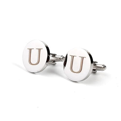 Mens Initial Silver Cufflinks A-Z Alphabet Letter Steel Cuff Links with Engraved Walnut Wood Box Groom Groomsman Wedding Set… - style: U