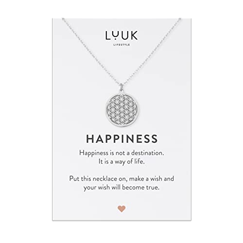 LUUK LIFESTYLE Stainless steel necklace with pendant and HAPPINESS card, 20” adjustable length, lucky charm, friendship chain, Valentine's Day gift, birthday, women's jewelry, silver, gold, rosegold - color: Silver, size: Flower of Life
