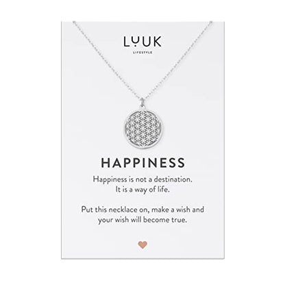 LUUK LIFESTYLE Stainless steel necklace with pendant and HAPPINESS card, 20” adjustable length, lucky charm, friendship chain, Valentine's Day gift, birthday, women's jewelry, silver, gold, rosegold - color: Silver, size: Flower of Life