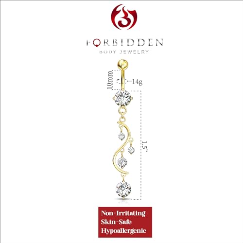 Forbidden Body Jewelry 14kt Gold Plated Surgical Steel Fancy CZ Crystal Vine Drop Multi Gem Dangle Belly Button Ring