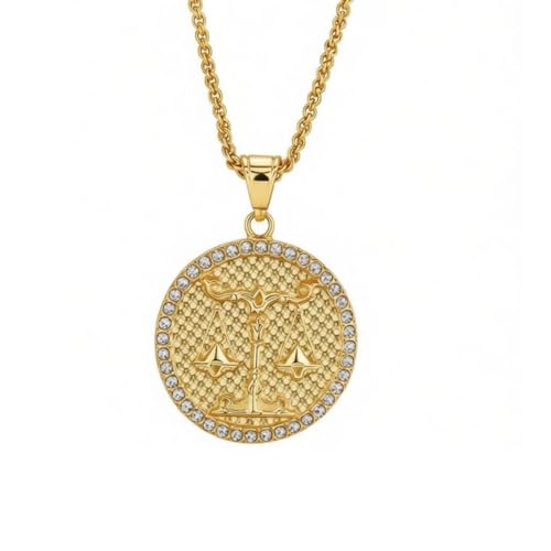 HIJONES Men's Women's Stainless Steel Zodiac Coin Embossed Necklace CZ Astrology Horoscope Pendant Necklace - color: Gold Libra