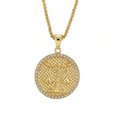 HIJONES Men's Women's Stainless Steel Zodiac Coin Embossed Necklace CZ Astrology Horoscope Pendant Necklace - color: Gold Libra