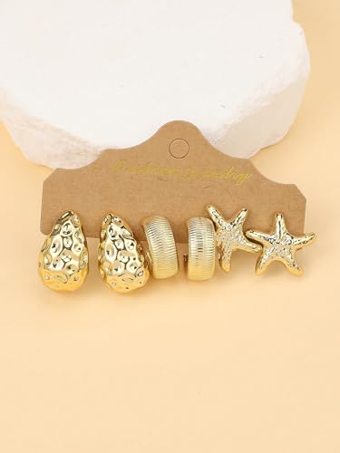 12 Pairs Chunky Gold Hoop Earrings for Women Trendy, Gold Plated Lightweight Hypoallergenic Stack, Thick Open Twisted Huggie Hoops Earring Set - color: 9 Pairs Gold Chunky