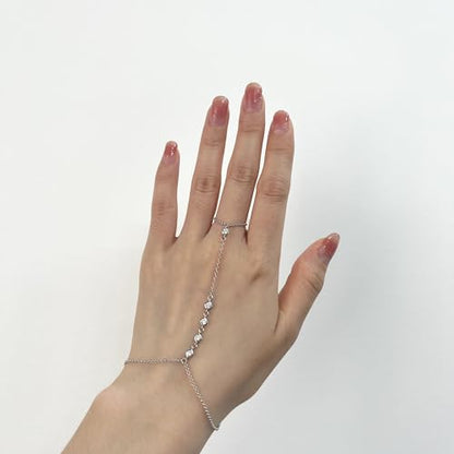 Kakikaki 925 Sterling Silver Finger Ring Bracelet Hand Chain for Women | Slave Bracelets 7" to 9" Adjustable - color: Silver, style: 5 Diamond