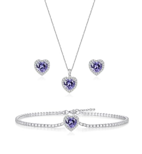 Cubic Zirconia LOVE Heart Jewelry Set Earrings Necklace Bracelet Set for Women Prom Wedding Party Anniversary Birthday - color: Purple