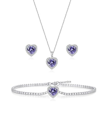 Cubic Zirconia LOVE Heart Jewelry Set Earrings Necklace Bracelet Set for Women Prom Wedding Party Anniversary Birthday - color: Purple