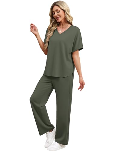 Sampeel Lounge Sets for Women V Neck Turn-UP Sleeves Tops Wide Leg Pants 2 Piece Sets Oversized Summer Vacation Outfits 2026 - color: Green, size: Medium