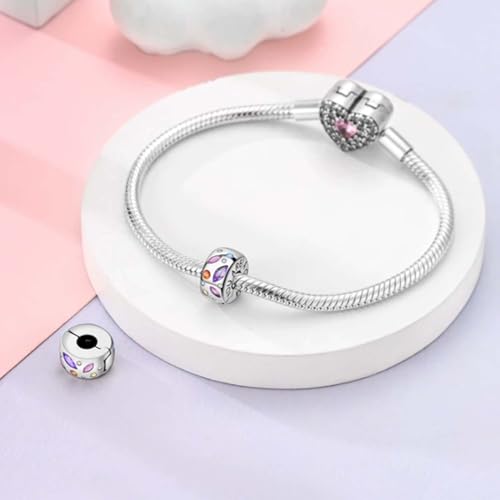Heart Charm Clip Lock Spacer Stopper Charm Bead Bracelet 925 Sterling Silver Charms Safety Chain for Pandora Bracelets - color: Colorful
