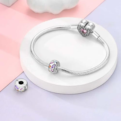 Heart Charm Clip Lock Spacer Stopper Charm Bead Bracelet 925 Sterling Silver Charms Safety Chain for Pandora Bracelets - color: Colorful