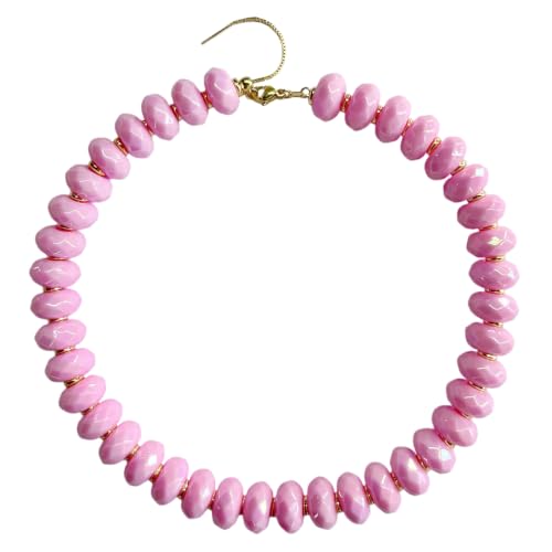 Colorful Chunky Acrylic Beaded Choker Necklaces for Women | Multicolor Faceted Beads, Sturdy Metal Chain, Adjustable Detachable, Lightweight, Summer Boho, Sparkly Statement Jewelry Gift - color: Pink