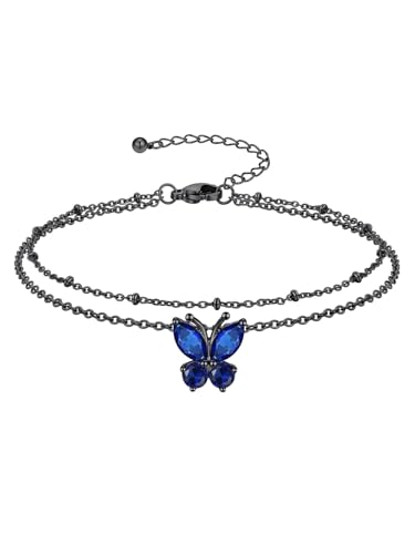 Richsteel Double Layer Heart/Butterfly Birthstone Anklet for Women | Non Tarnish Waterproof, Silver/Gold/Black Stainless Steel 8.5-10.5 Inch Adjustable Chain Anklets Summer Beach Foot Jewelry - color: Black Butterfly-09 Sep.(Sapphire)
