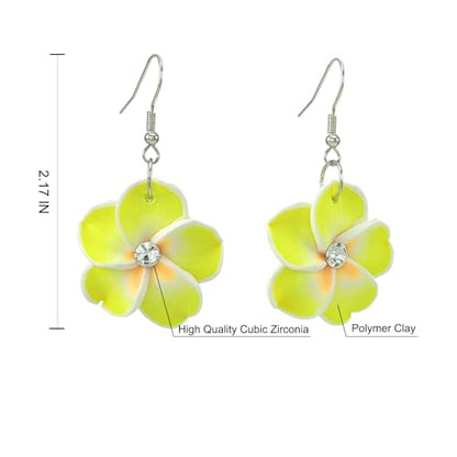 Floral Dangle Earrings for Women Hawaiian Tropical Plumeria Rubra Flower Drop Earrings with Cubic Zirconia Luau Beach Party Vacation Hawaiian Accessories Jewelry Gift - color: Yellow