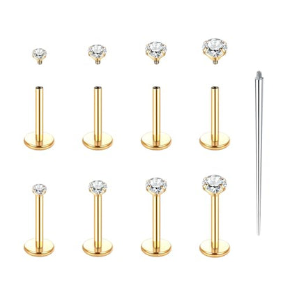 Xpircn Flat Back Stud Earrings 14K Gold Plated Internally Threaded CZ Stud Piercing Jewelry for Tragus Helix Cartilage Conch Nose Hypoallergenic Lip Labret Medusa Piercing 16G 18G - color: 18 Gauge, Gold, size: 8mm Bar