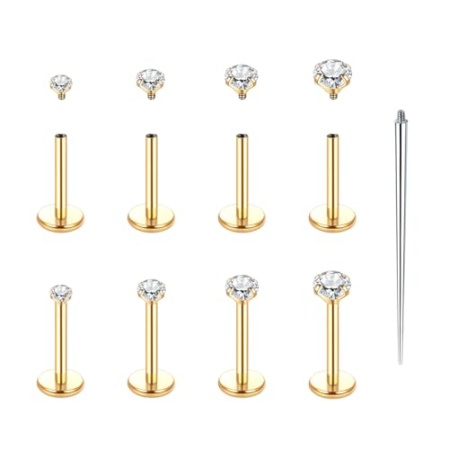 Xpircn Flat Back Stud Earrings 14K Gold Plated Internally Threaded CZ Stud Piercing Jewelry for Tragus Helix Cartilage Conch Nose Hypoallergenic Lip Labret Medusa Piercing 16G 18G - color: 18 Gauge, Gold, size: 8mm Bar