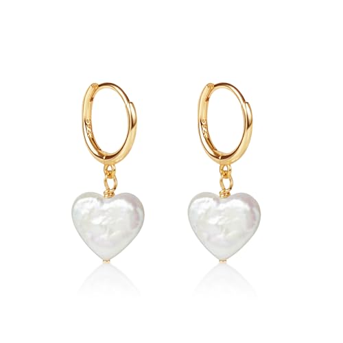 LILY LUSTRE 14k Gold Plated/Filled 925 Sterling Silver Handpicked AAAA Quality Natural White Freshwater Cultured Heart Shaped Pearl Huggie Hoop/Leverback Drop Dangle Earrings for Women - color: Gold Hoop
