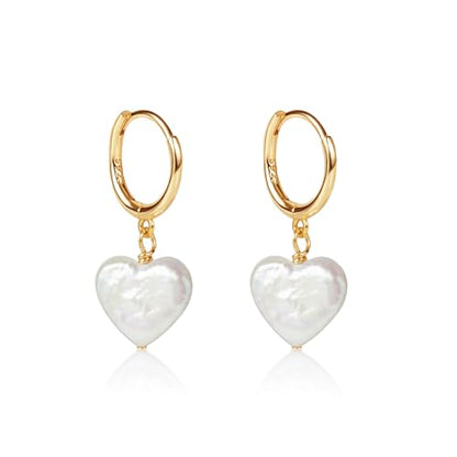 LILY LUSTRE 14k Gold Plated/Filled 925 Sterling Silver Handpicked AAAA Quality Natural White Freshwater Cultured Heart Shaped Pearl Huggie Hoop/Leverback Drop Dangle Earrings for Women - color: Gold Hoop