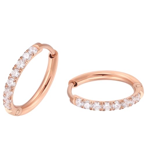 316L Surgical Steel Huggie Hoop Earrings | Dainty Pave Cubic Zirconia Cartilage Tiny Earring for Sensitive Ears Hypoallergenic Lightweight for Women Men - style: Rose Gold Plated,20G*12mm