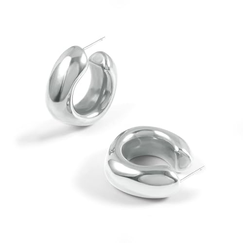 Waterproof Thick Gold Chunky Hoops Earrings for Women Non Tarnish,Gold Plated Hypoallergenic Open Hoop Earrings,Lightweight Hollow Earrings - color: Silver