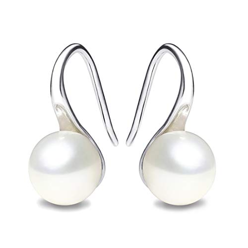 925 Sterling Silver Hoop Handpicked AAA+ Quality 7.5-8mm White Freshwater Cultured Pearl Dangle Drop Earrings Jewelry for Women - color: 1. Silver