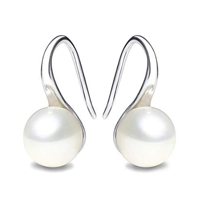 925 Sterling Silver Hoop Handpicked AAA+ Quality 7.5-8mm White Freshwater Cultured Pearl Dangle Drop Earrings Jewelry for Women - color: 1. Silver