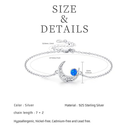 Moon Bracelet for Women 925 Sterling Silver Moonstone/Birthstone Moon Bracelet Butterfly/Dragonfly Bracelet Celtic Moon Butterfly Dragonfly Jewelry Gifts for Women - style: Blue Opal-Silver