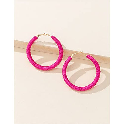 Handmade Rattan Earrings - Large Circle Braided Straw Wicker Drop Earrings - Light Weight Summer Hoops - color: A deep pink