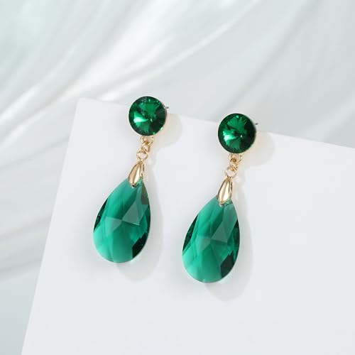 Round and Teardrop Crystal Stud Dangle Earrings Hypoallergenic Gold Plated Birthstone Drop Earrings Trendy Evening Prom Pageant Jewelry Gift for Women - color: emerald green