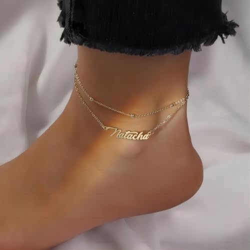 Custom Ankle for Women for Women 18K Gold Plated Adjustable Name Anklet Customized Beach Anklet Gifts - color: Name Anklet with Bead Chain