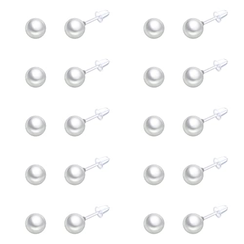 10 Pairs Faux Pearl Plastic Stud Earrings for Sensitive Ears - 4-10mm White Colorful Pearl Set for Women Girls - Silicone Post - style: 6mm
