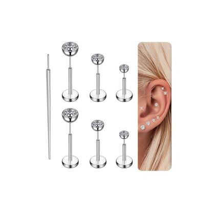 Gotumo 16G 18G 20G Flat Back Earrings Stud Titanium Threadless Nose Rings Tragus Labret Cartilage Lip Medusa Conch Body Piercing Jewelry Hypoallergenic for Women Men - color: Silver, size: 20G Bar 5/6/7mm & CZ 2/3/4mm