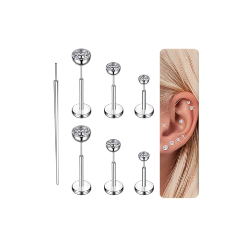 Gotumo 16G 18G 20G Flat Back Earrings Stud Titanium Threadless Nose Rings Tragus Labret Cartilage Lip Medusa Conch Body Piercing Jewelry Hypoallergenic for Women Men - color: Silver, size: 20G Bar 5/6/7mm & CZ 2/3/4mm