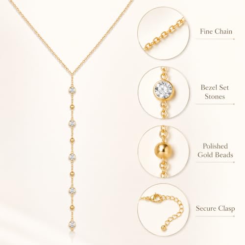 Frodete Gold Lariat Necklace for Women Long Gold Drop Necklace with Clear Beads Adjustable Y Necklace for Dresses Party Vacation - color: B1:gold long necklace