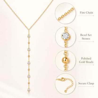 Frodete Gold Lariat Necklace for Women Long Gold Drop Necklace with Clear Beads Adjustable Y Necklace for Dresses Party Vacation - color: B1:gold long necklace