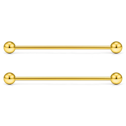 16G 14G Surgical Steel Tongue Rings Nipple Rings Industrial Piercing Jewelry Set Multi Size Straight Barbells 12mm 14mm 16mm 19mm 22mm 28mm 32mm 35mm 38mm 40mm 45mm for Women Men - color: goldtone, size: 14g,bar length 45mm