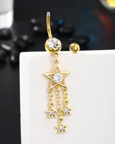 Dangle Belly Button Rings 14G Star Dangly Belly Navel Rings for Women Silver Belly Piercing Jewelry Dangling Stainless Steel - color: Gold