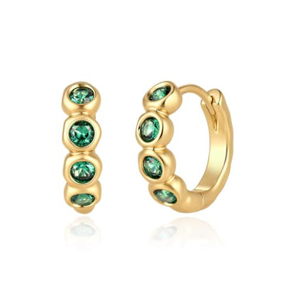 ARSIS Bubble Huggie Hoop Earrings for Women with Cubic Zirconia, Platinum/18K Gold Plated Bezel Hoop Earrings with Opal, Hypoallergenic Lightweight Jewelry, Clear/Ruby/Emerald Green/Aqua/Sapphire/Pink - color: Emerald Green