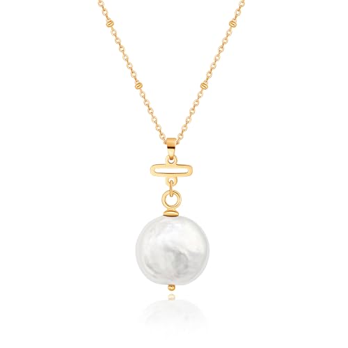 Aobei Pearl 18K Gold Plated Pendant Necklace for Women Dainty Gold Chain Choker Love Heart Disc Coin Pearl Cross Toggle Jewelry - style: Coin Pearl