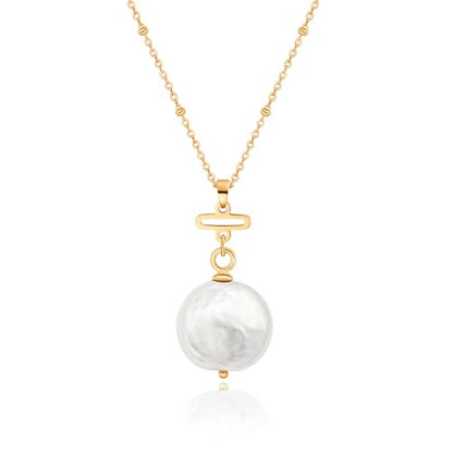 Aobei Pearl 18K Gold Plated Pendant Necklace for Women Dainty Gold Chain Choker Love Heart Disc Coin Pearl Cross Toggle Jewelry - style: Coin Pearl