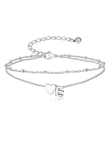 Suplight Initial Ankle Bracelets for Women 14K Gold Plate Waterproof No Tarnish Anklets Layered Heart Letter Anklet Adjustable Plus Size Foot Chain Summer Beach Boho Jewelry Silver Black 8.5-10 Inch - color: Silver, style: 5.E