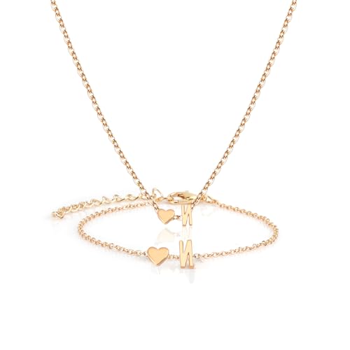 Gold Bracelets For Women Heart Initial Letter Pendant Necklace and Bracelet Set Personalized Jewelry Sets for Women Birthday Gifts for Mom Her Daughter Initial Necklace 14K Silver Plated - style: Gold-N