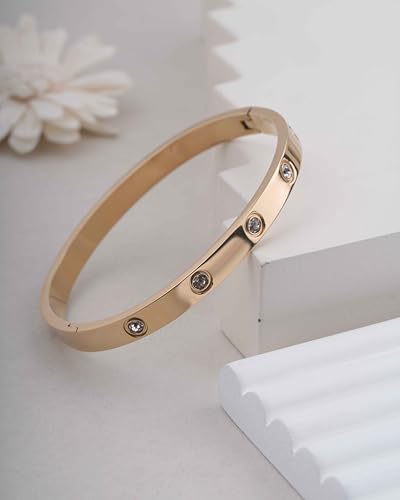 Gold Crystal Hinged Bangle Bracelet for Women – Stainless Steel Bezel Set Cubic Zirconia – Hypoallergenic Waterproof – Minimalist Stackable Jewelry – Gift for Her Backend: crystal hinged bangle gold cuff bezel cubic zirconia stackable bangle minimalist pu