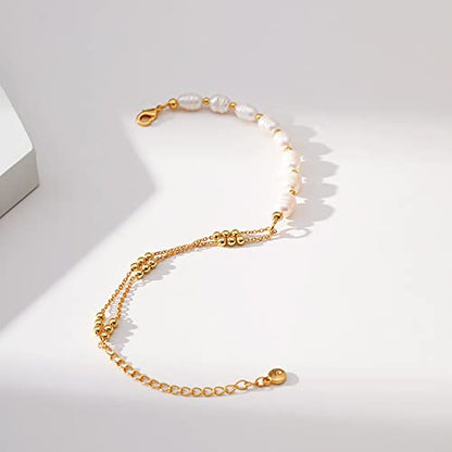 Dainty Gold Bracelets for Women, 18 Gold Plated Adjustable Evil Eye/Butterfly/Beaded/Pearl/Heart/Turquoise Handmade Bracelet for Women - style: Pearl and Gold Bead