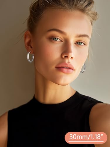 FaithHeart Silver/Black/Gold Stainless Steel Chunky Hoop Earrings for Women | Hypoallergenic Lightweight Hoop Earrings, Trendy Statement Thick Hoop, 20/30/40/50/60/70/80mm - color: Silver, size: 30mm