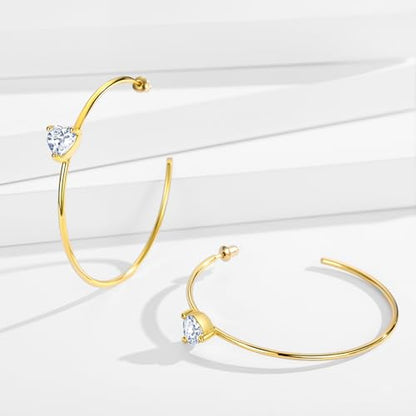 Large Gold Hoop Earrings for Women 14k Gold Plated with 925 Sterling Silver Post Big Open Hoops Earrings Trendy Cubic Zirconia Heart Hoop Earrings Jewelry Gifts for Women - color: gold 50mm