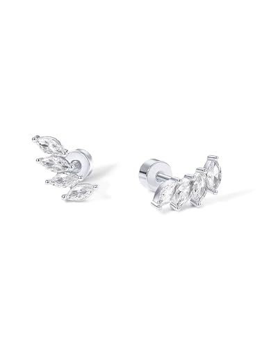 PAVOI 14K Gold Plated Navette CZ Crawler Stud Flat Back Earrings for Women | Hypoallergenic Earrings with 925 Sterling Silver Posts, Small Cartilage Cubic Zirconia Stud Earring, Helix Piercing Jewelry - color: White Gold