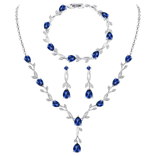 Jewelry Set for Women, Necklace Dangle Earrings Bracelet Set with White AAA Cubic Zirconia, Allergy Free Wedding Party Jewelry for Bridal Bridesmaid - color: Necklace+Earrings+Bracelet-blue
