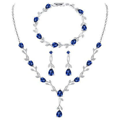 Jewelry Set for Women, Necklace Dangle Earrings Bracelet Set with White AAA Cubic Zirconia, Allergy Free Wedding Party Jewelry for Bridal Bridesmaid - color: Necklace+Earrings+Bracelet-blue
