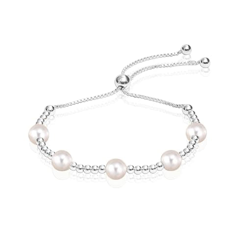 LeCalla 925 Sterling Silver Sliding Bolo Bracelet | Adjustable Beaded Tennis Bracelets for Women | Adjustable Slider Bolo Bracelets Gifts for Her - color: Simulated Pearl Beaded Bolo